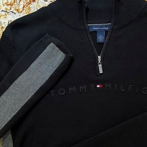 Tommy Hilfiger | Sweater Black and Grey, Mock Collar Long Sleeve Pullover, Med